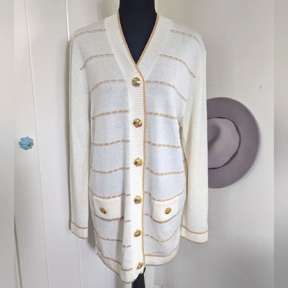 VTG Ami Knits Cardigan 14 Striped Gold Preppy Nostalgiacore Coastal Grandma